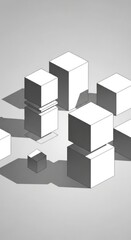 Obraz premium Abstract arrangement of white cubic blocks with shadows on a neutral gray background.