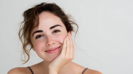 Fototapeta premium Gentle portrait of young woman with freckles smiling on neutral background with text sapce. Simple, elegant and authentic lifestyle beauty