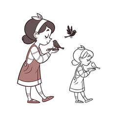 Young girl offers bird a treat with a gentle smile and pink bag isolated on transparent background