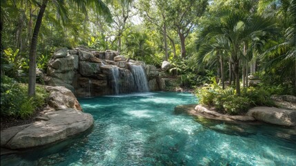 Naklejka premium Water from the waterfall empties into a sparkling pool nestled among vibrant tropical plants.