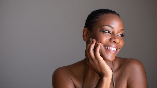 Radiant portrait of mature african american woman with short hair smiling gracefully. Natural light highlights smooth skin and confident joyful expression