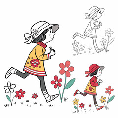 Joyful girls running through flowers in a whimsical hand-drawn style childhood scene isolated on transparent background