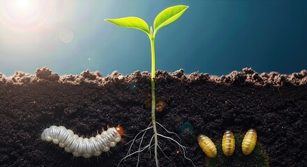 Plant root system development, soil cross section showing grub and pupae, life cycle stages beneath surface, natural growth environment, fertile ground details.