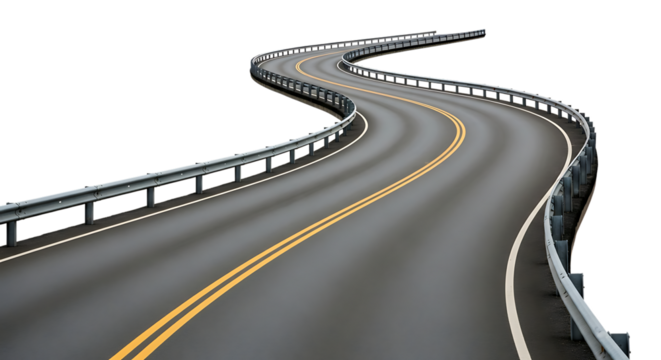 Winding Asphalt Highway with Double Yellow Lines and Metal Guardrail, isolated on a white or transparent background, cutout, PNG