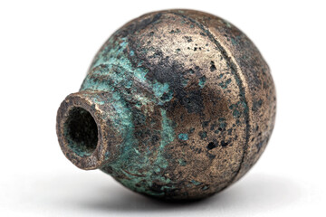 Antique bronze cannonball with oxidation a vintage military artifact isolated on white background