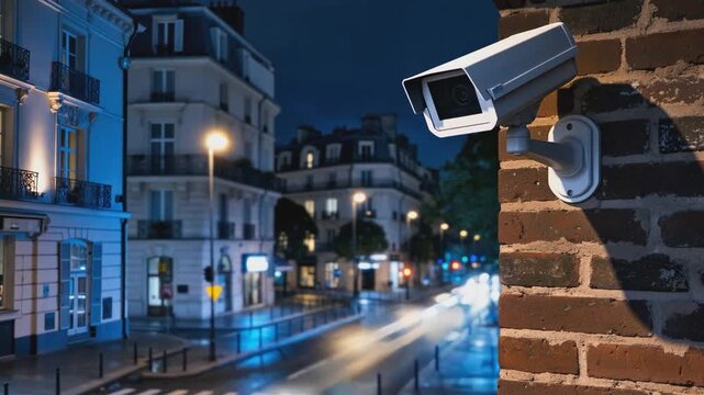 CCTV security camera mounted on a brick wall overlooking a European city street at night with light trails from moving cars.