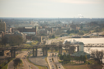 Hazy afternoon winter sun shines on the buildings of downtown and industry of Memphis, Tennessee, USA.