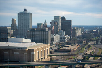 Hazy afternoon winter sun shines on the buildings of downtown Memphis, Tennessee, USA.