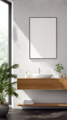 Bright bathroom features a minimalist style vanity with an oval vessel sink and large black framed blank picture above