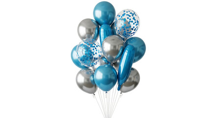 Large bunch of silver and blue balloons with confetti filled transparent balloons, isolated on a white or transparent background, cutout, PNG
