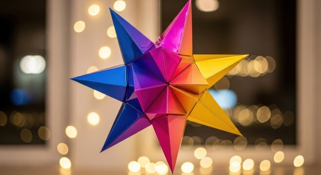 Colorful geometric star lantern hanging indoors with warm bokeh lights and festive decor.