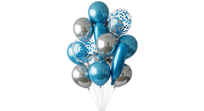 Large bunch of silver and blue balloons with confetti filled transparent balloons, isolated on a white or transparent background, cutout, PNG