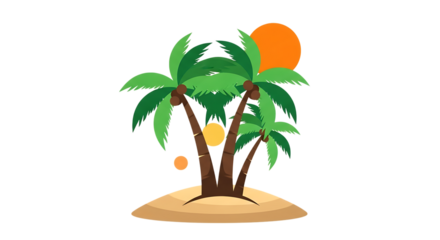 Tropical island with palm trees and sun illustration, isolated on a white or transparent background, cutout, PNG