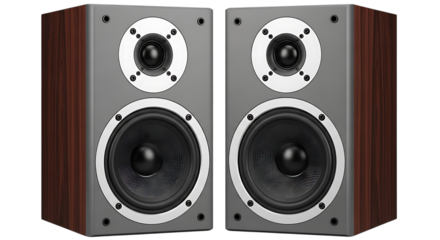 Pair of gray bookshelf speakers with wood grain sides and silver trim, isolated on a white or transparent background, cutout, PNG