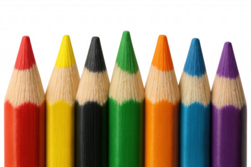 Row of colorful sharpened pencil tips showing creative variety and artistic expression on transparent background