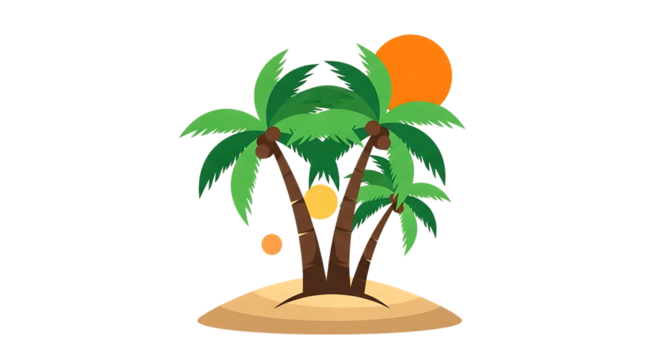 Tropical island with palm trees and sun illustration, isolated on a white or transparent background, cutout, PNG