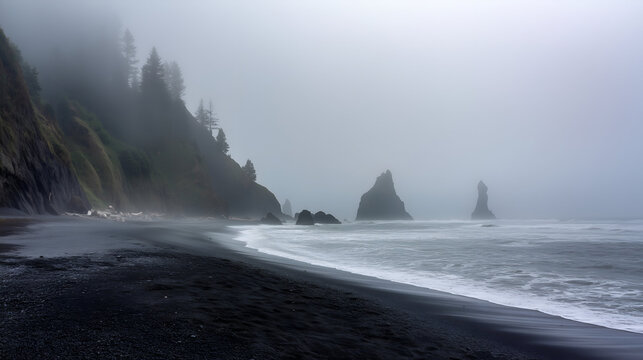 Misty coastal scene with dark sand beach, sea stacks, and forested cliffs shrouded in fog, creating a serene atmosphere.