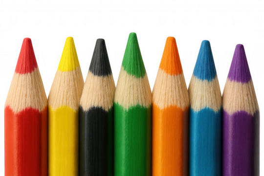 Row of colorful sharpened pencil tips showing creative variety and artistic expression on transparent background