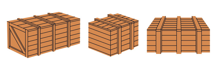 Wooden boxes. Cartoon shipping wooden chests, delivery wood paneled boxes flat vector illustration set. Delivery package collection on white