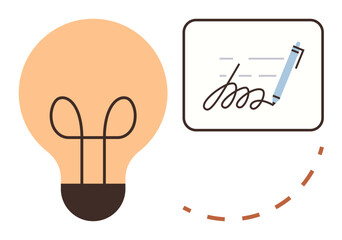 Lightbulb representing ideas and creativity alongside a signed document with a pen in motion. Ideal for writing, brainstorming, innovation, agreements, creativity, intellectual property, education