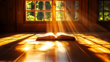 Hyperrealistic open book lying on the floor, illuminated by soft natural light, highlighting textures of pages and a serene reading ambiance.