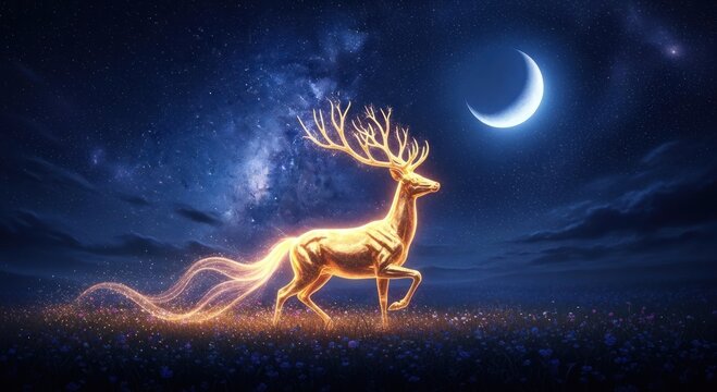 Golden Stag Under Moonlit Sky: A Dreamlike Night Scene with Glowing Antlers.