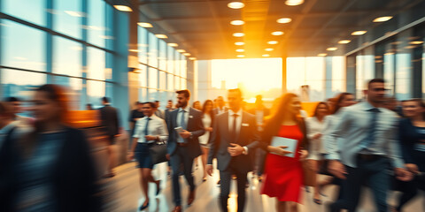 A bustling crowd of business professionals in suits, moving with a sense of purpose and urgency, representing the fast-paced corporate world and daily commute