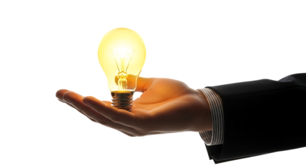 Person's hand in a suit jacket holding a glowing incandescent light bulb, isolated on a white or transparent background, cutout, PNG