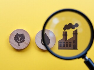 Magnifying glass focusing on factory icon next to wooden leaf and water icons