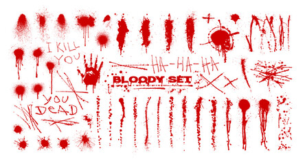 Bloody Splatter and Horror Handprint Graphic Elements Set. Red blood splatters, drips, handprints, and horror-themed scribbles. Grunge design elements with splashes, traces, drops. Vector graphic set