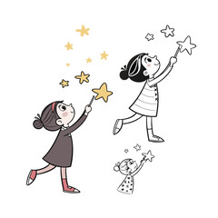 Two girls reaching for stars with magic wands childhood dreams and imagination isolated on transparent background