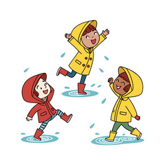 Joyful children in raincoats splashing in puddles during a playful downpour isolated on transparent background