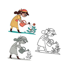 Whimsical elderly woman watering flowers vintage cartoon style gardening scene isolated on transparent background