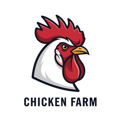 A vibrant logo featuring a detailed rooster head, representing a chicken farm with bold typography.