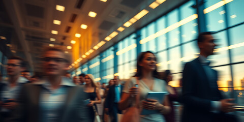 A bustling crowd of business professionals in suits, moving with a sense of purpose and urgency, representing the fast-paced corporate world and daily commute