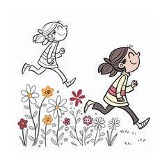 Joyful cartoon children running through blooming wildflowers energetic outdoor fun isolated on transparent background