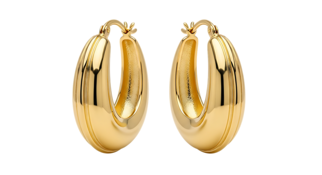 Pair of polished gold oval hoop earrings with ribbed texture detail, isolated on a white or transparent background, cutout, PNG