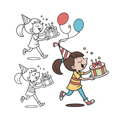 Joyful child holding gift box and balloons celebrates a special occasion isolated on transparent background