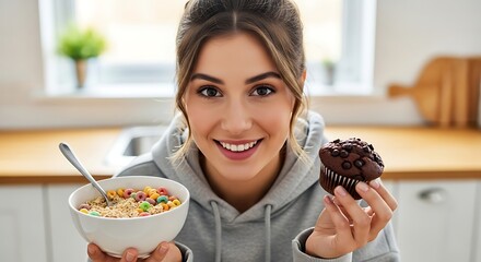 Balancing Breakfast: A portrait of a woman offers a delightful comparison between healthy cereal and chocolate muffin, capturing the balance in the morning routine