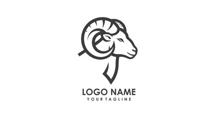 Monochrome illustration of a ram's head, featuring curved horns and a detailed profile, suitable for logo design.
