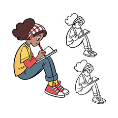 Young girl with braids sitting thoughtfully engaged in reading a book isolated on transparent background