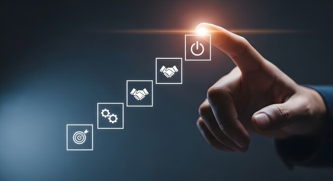 Hand pressing a glowing power button on a digital staircase of business icons representing growth and innovation