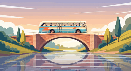 Retro Bus Journey Across a Scenic Bridge at Sunset with Tranquil Water Reflection