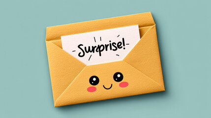 Cute yellow envelope with surprise message and happy face on blue background