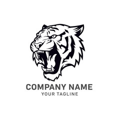 Black and white graphic illustration of a fierce roaring tiger head, suitable for a company logo or mascot.