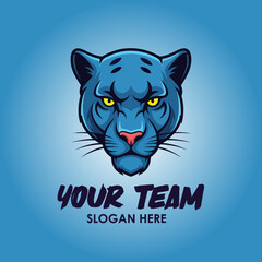 A fierce blue panther head mascot logo with yellow eyes and a pink nose, designed for a sports team or brand, set against a blue gradient background.