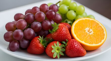 A vibrant and refreshing platter of ripe red grapes green grapes juicy strawberries and a bright orange slice