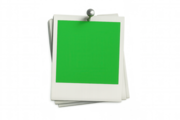 Stack of instant camera frames with green screen space pinned to a surface, transparent background