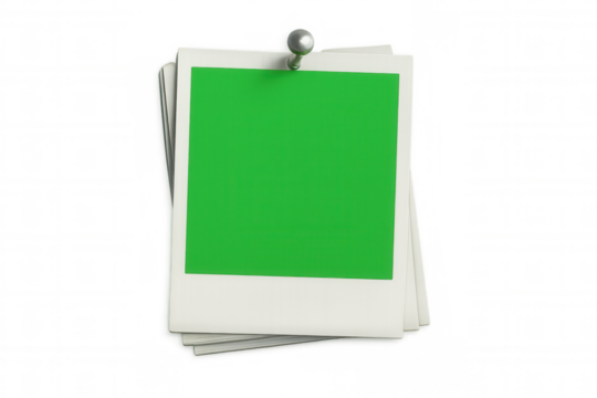Stack of instant camera frames with green screen space pinned to a surface, transparent background