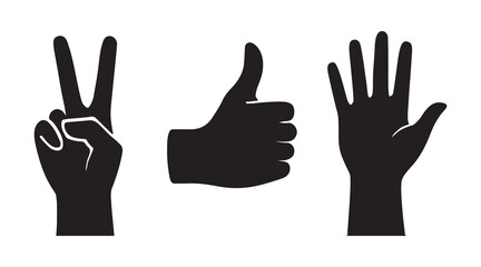 Hand Gesture Silhouette Set – Peace Sign, Thumbs Up, Open Palm Vector Illustration